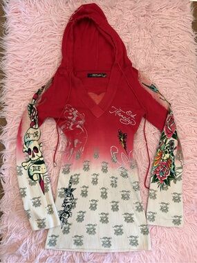 Ed Hardy Red to Cream Ombre Hooded Knit Top with Sleeve Graphics